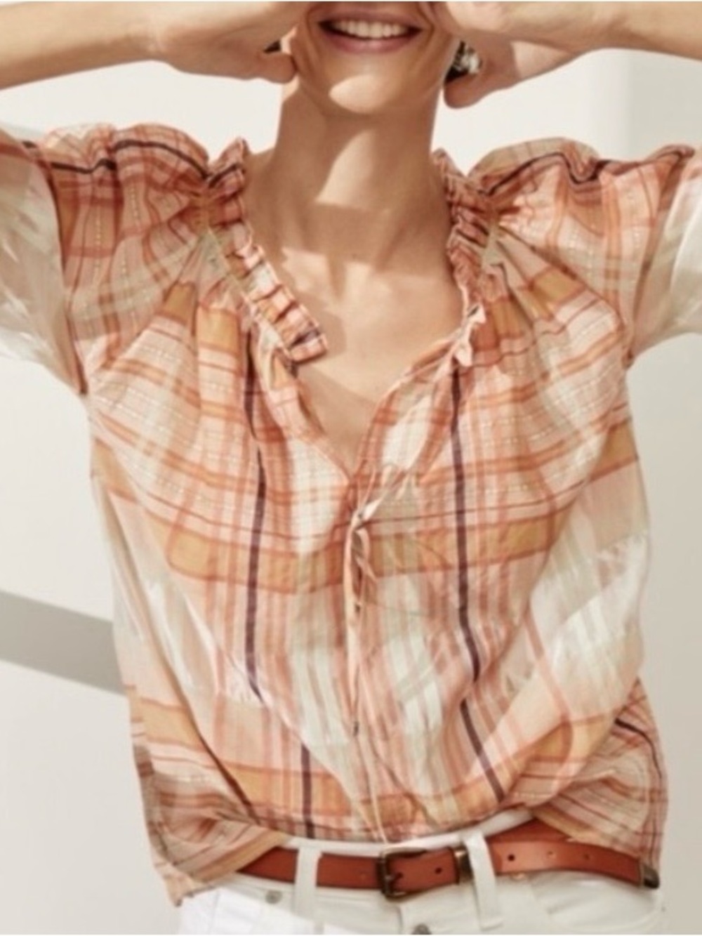 Madewell Peach Plaid Ruffle-Neck Blouse